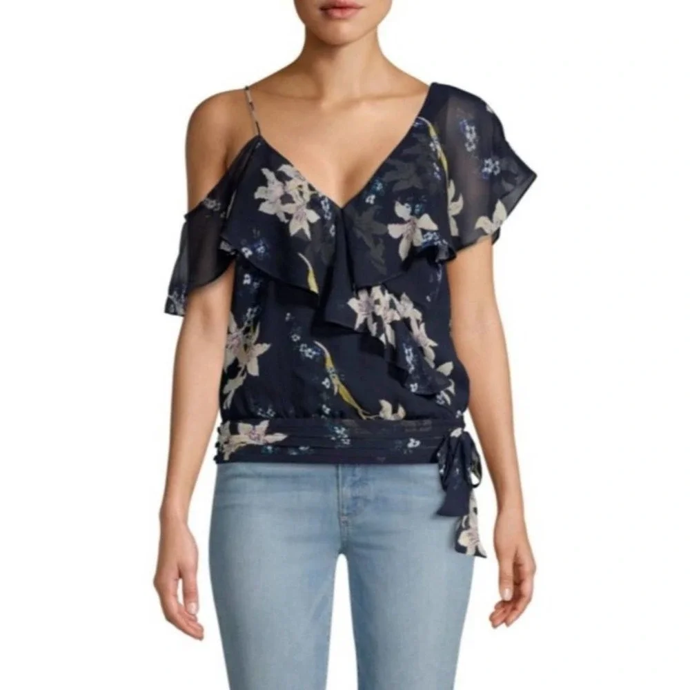 PAIGE Chereen Ruffle One-Shoulder Silk Ruffle Trim Flutter Sleeve Top Size Small